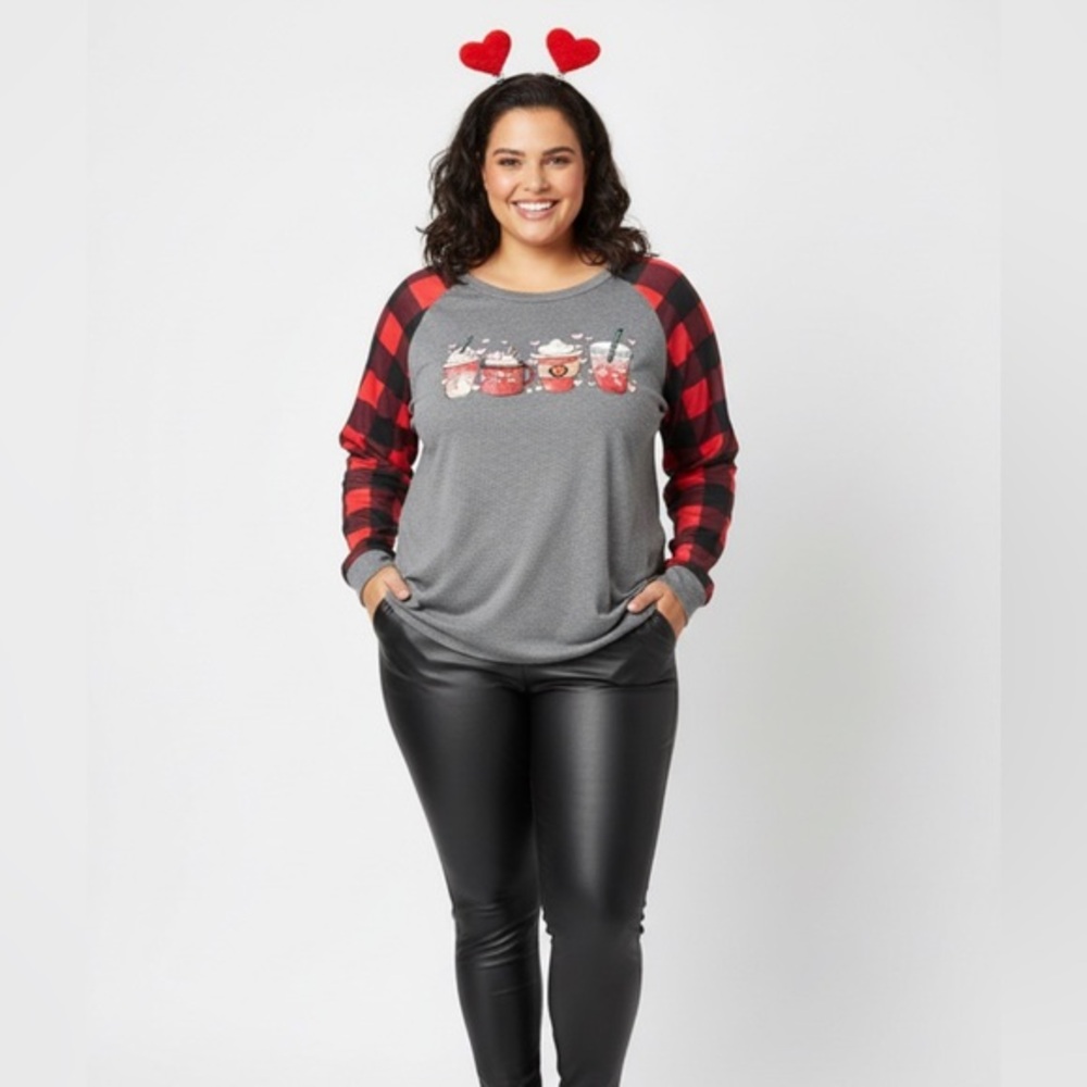 Valentines Day XXL Gray and Red Plaid Long Sleeve Shirt with Coffee Print